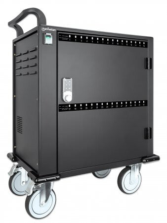 Manhattan Charging Cabinet/Cart via USB-C x32 Devices, Trolley, Power Delivery 18W per port (576W total), Suitable for iPads/other tablets/phones/smaller chromebooks, Bays 330x22x235mm, Device charging cables not included, Lockable (PIN code), EU & UK pow