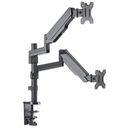 Manhattan TV & Monitor Mount, Desk, Full Motion (Gas Spring), 2 screens, Screen Sizes: 10-27", Black, Clamp or Grommet Assembly, Dual Screen, VESA 75x75 to 100x100mm, Max 8kg (each), Lifetime Warranty