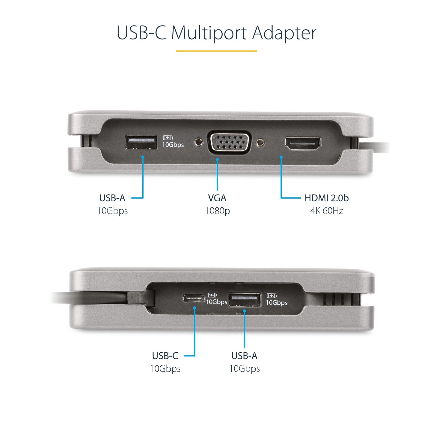 StarTech.com USB-C Multiport Adapter - HDMI/VGA - 4K 60Hz - 3-Port USB Hub - 100W Power Delivery Pass-Through - GbE - Travel Mini Docking Station w/ Charging - 1ft/30cm Wrap-Around Cable