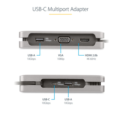 StarTech.com USB-C Multiport Adapter - HDMI/VGA - 4K 60Hz - 3-Port USB Hub - 100W Power Delivery Pass-Through - GbE - Travel Mini Docking Station w/ Charging - 1ft/30cm Wrap-Around Cable