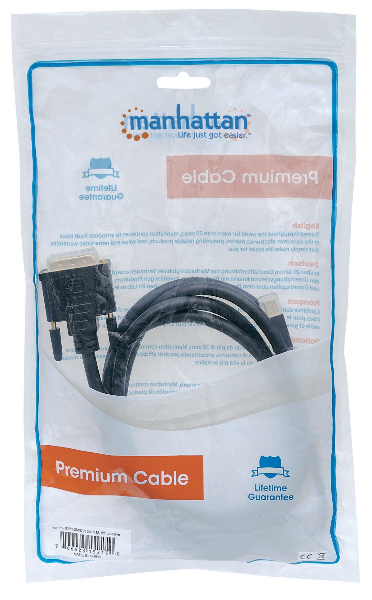 Manhattan Mini DisplayPort 1.2a to DVI-D 24+1 Cable, 1080p@60Hz, 1.8m, Male to Male, Compatible with DVI-I Displays, Black, Lifetime Warranty