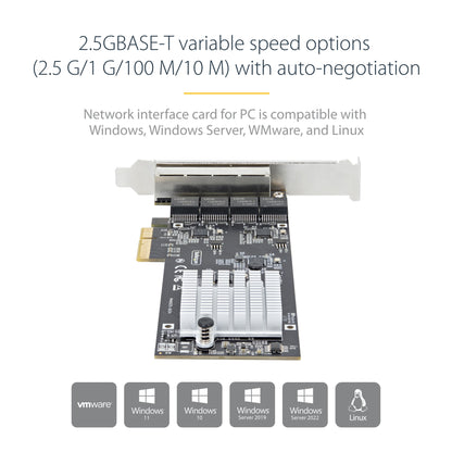 StarTech.com 4-Port 2.5Gbps NBASE-T PCIe Network Card, Intel I225-V, Quad-Port Computer Network Card, Multi-Gigabit NIC, PCI Express Server LAN Card, Desktop Ethernet Interface