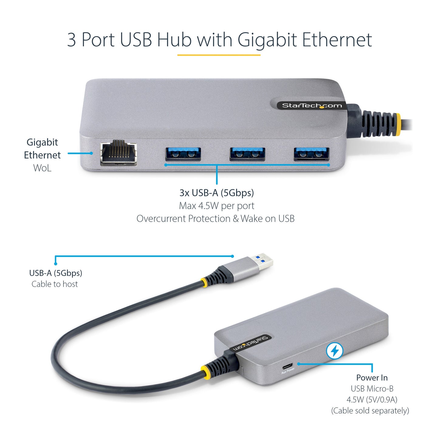 StarTech.com 3-Port USB Hub with Ethernet - 3x USB-A Ports - Gigabit Ethernet (RJ-45) - USB 3.0 5Gbps - Bus-Powered - 1ft/30cm Long Cable - Portable Laptop USB Hub Adapter w/ GbE