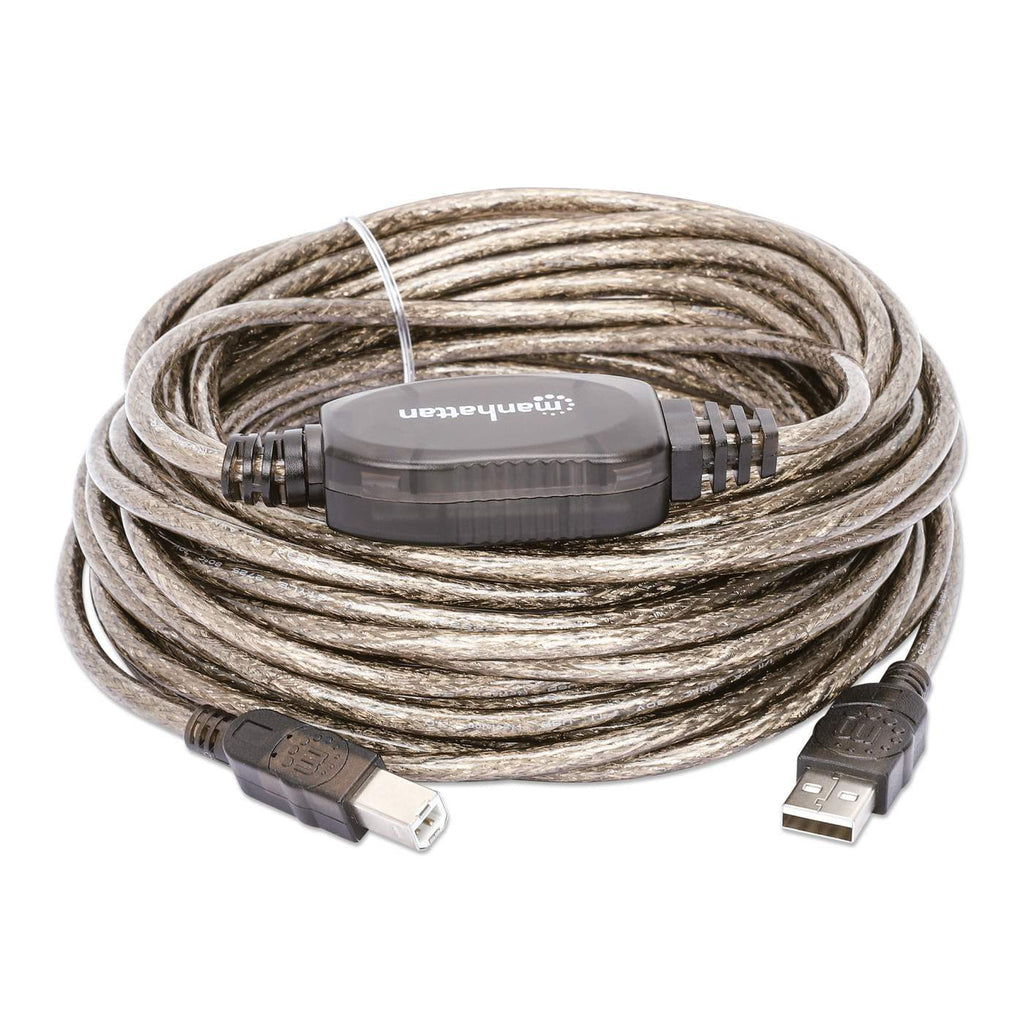Manhattan USB-A to USB-B Cable, 11m, Male to Male, Active, 480 Mbps (USB 2.0), Built In Repeater, Hi-Speed USB, Translucent Silver, Three Year Warranty