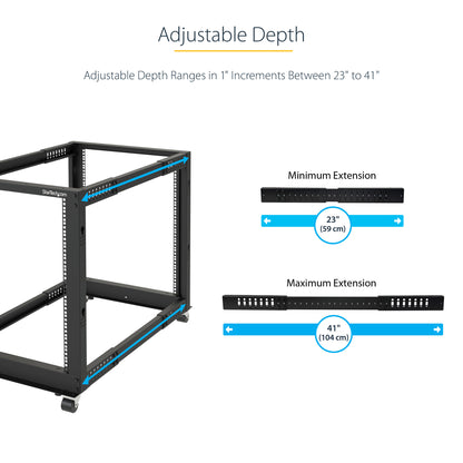 StarTech.com 4-Post 18U Mobile Open Frame Server Rack, Four Post 19" Network Rack with Wheels, Rolling Rack with Adjustable Depth for Computer/AV/Data/IT Equipment - Casters, Leveling Feet or Floor Mounting