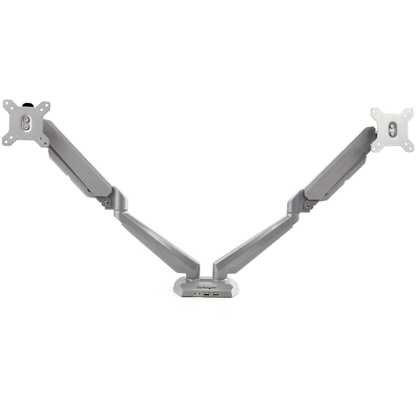 StarTech.com Desk Mount Dual Monitor Arm with USB & Audio, Desk Clamp VESA Mount for up to 32" (17.6lb/8kg) Displays, Ergonomic Full Motion Dual Monitor Arm - Silver