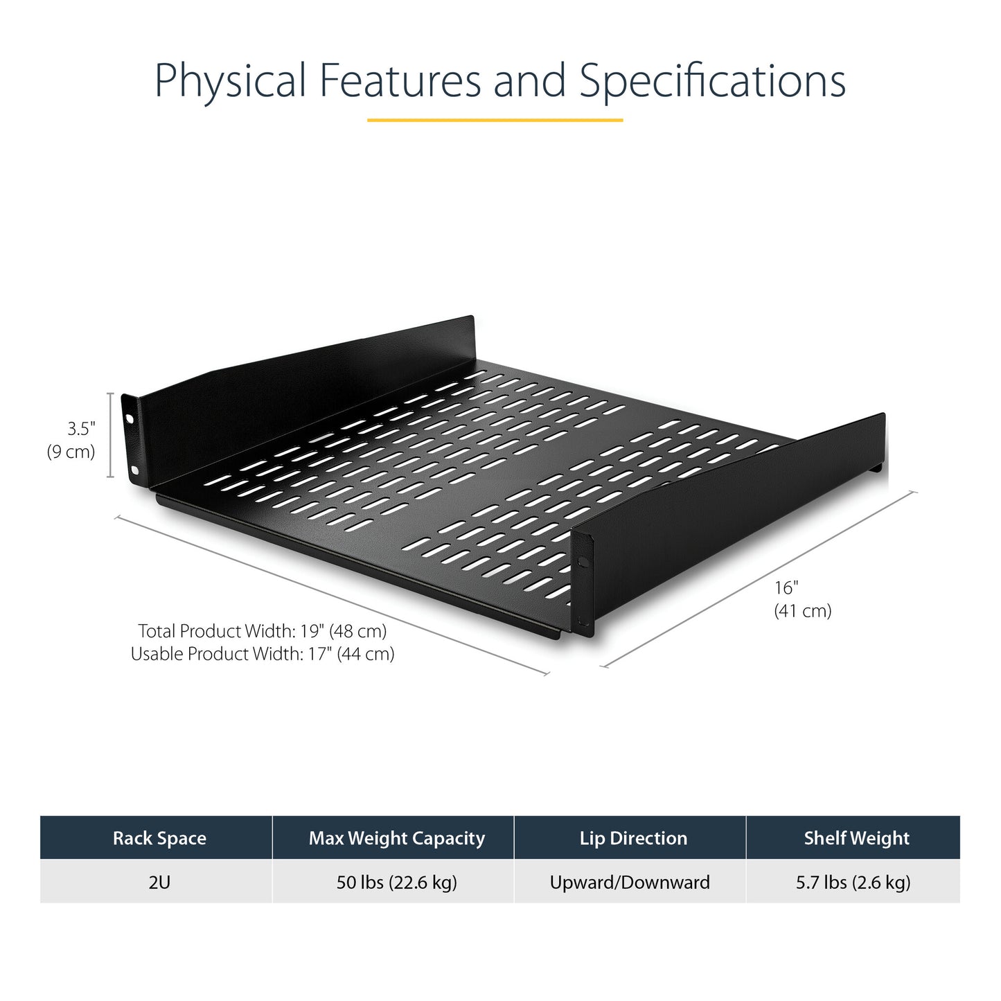 StarTech.com 2U Server Rack Shelf - Universal Vented Rack Mount Cantilever Tray for 19" Network Equipment Rack & Cabinet - Heavy Duty Steel - Weight Capacity 50lb/23kg - 16" Deep Shelf, Black