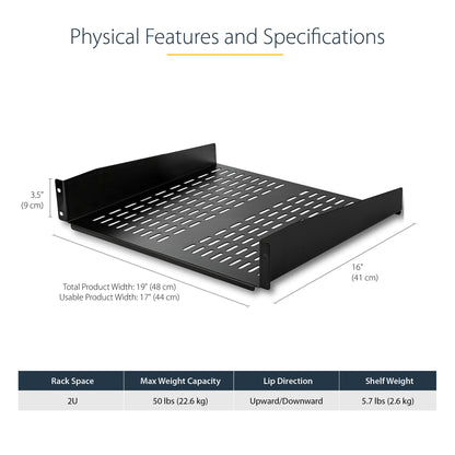 StarTech.com 2U Server Rack Shelf - Universal Vented Rack Mount Cantilever Tray for 19" Network Equipment Rack & Cabinet - Heavy Duty Steel - Weight Capacity 50lb/23kg - 16" Deep Shelf, Black
