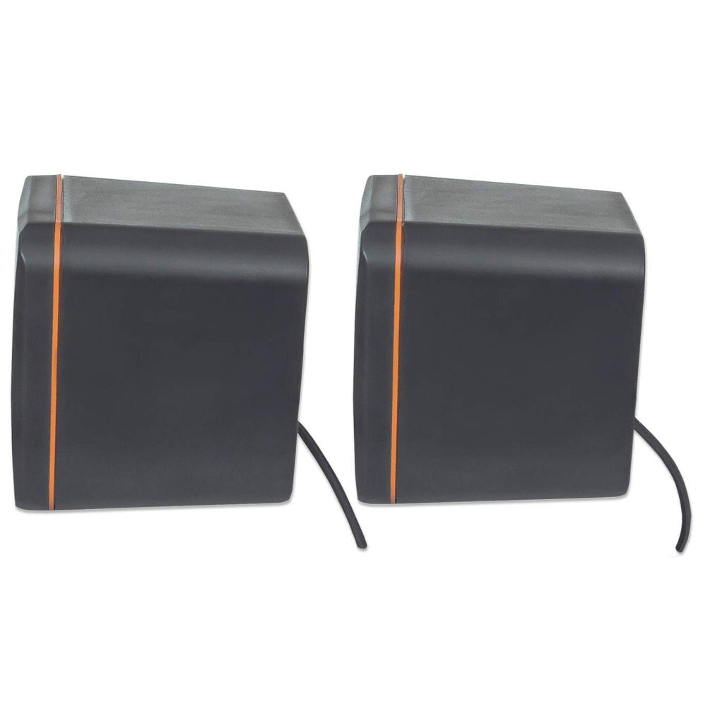 Manhattan 2600 Series Speaker System, Small Size, Big Sound, Two Speakers, Stereo, USB power, Output: 2x 3W, 3.5mm plug for sound, In-Line volume control, Cable 0.9m, Black, Three Year Warranty