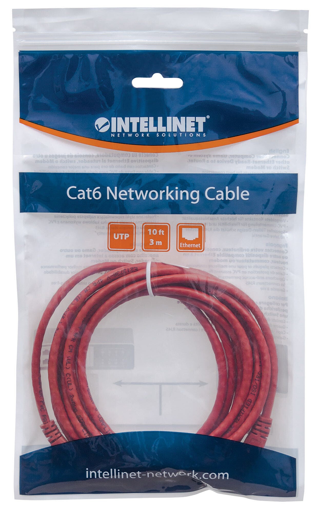 Intellinet Network Patch Cable, Cat6, 5m, Red, CCA, U/UTP, PVC, RJ45, Gold Plated Contacts, Snagless, Booted, Lifetime Warranty