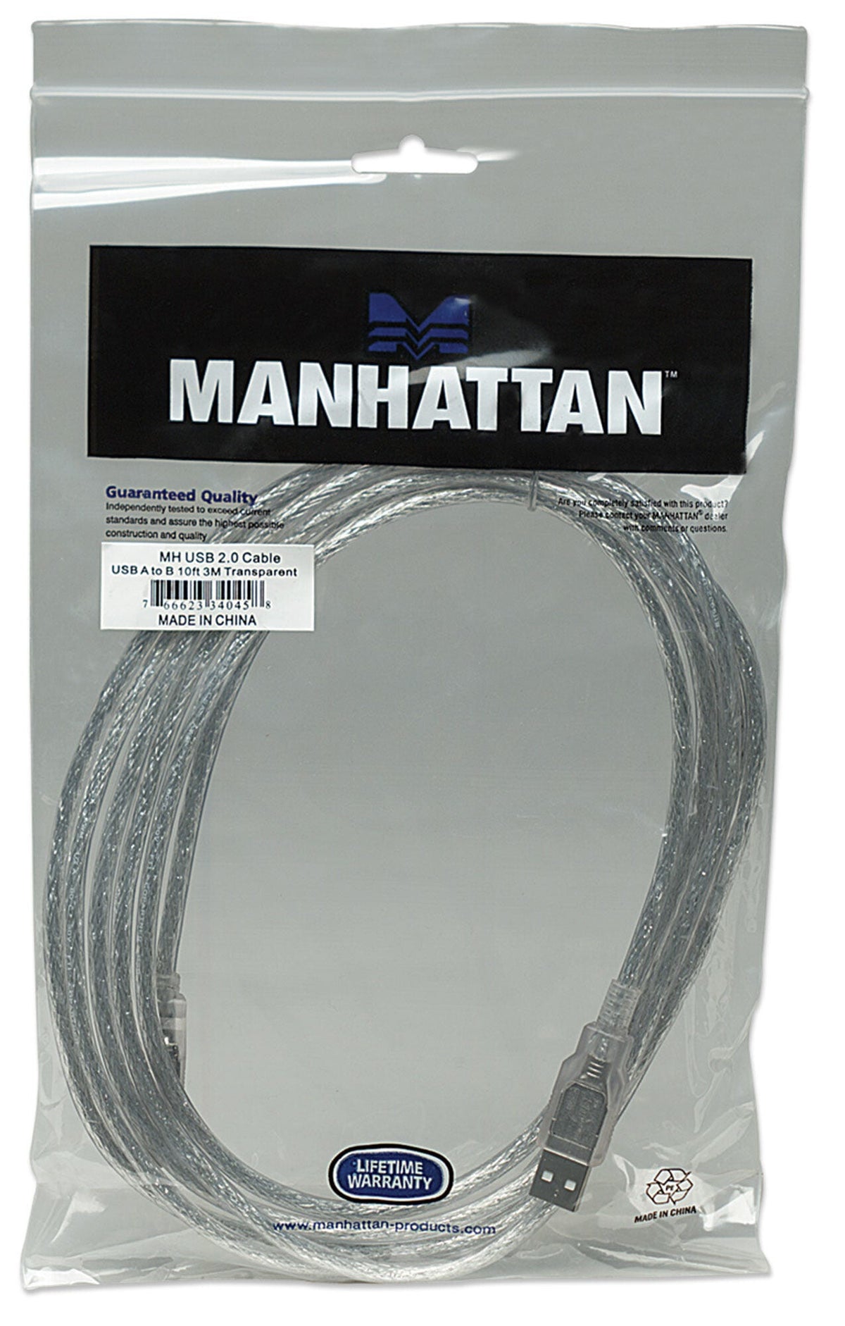 Manhattan USB-A to USB-B Cable, 3m, USB 2.0, 480 Mbps, Hi-Speed USB, Translucent Silver, Lifetime Warranty, Equivalent to USB2HAB10T