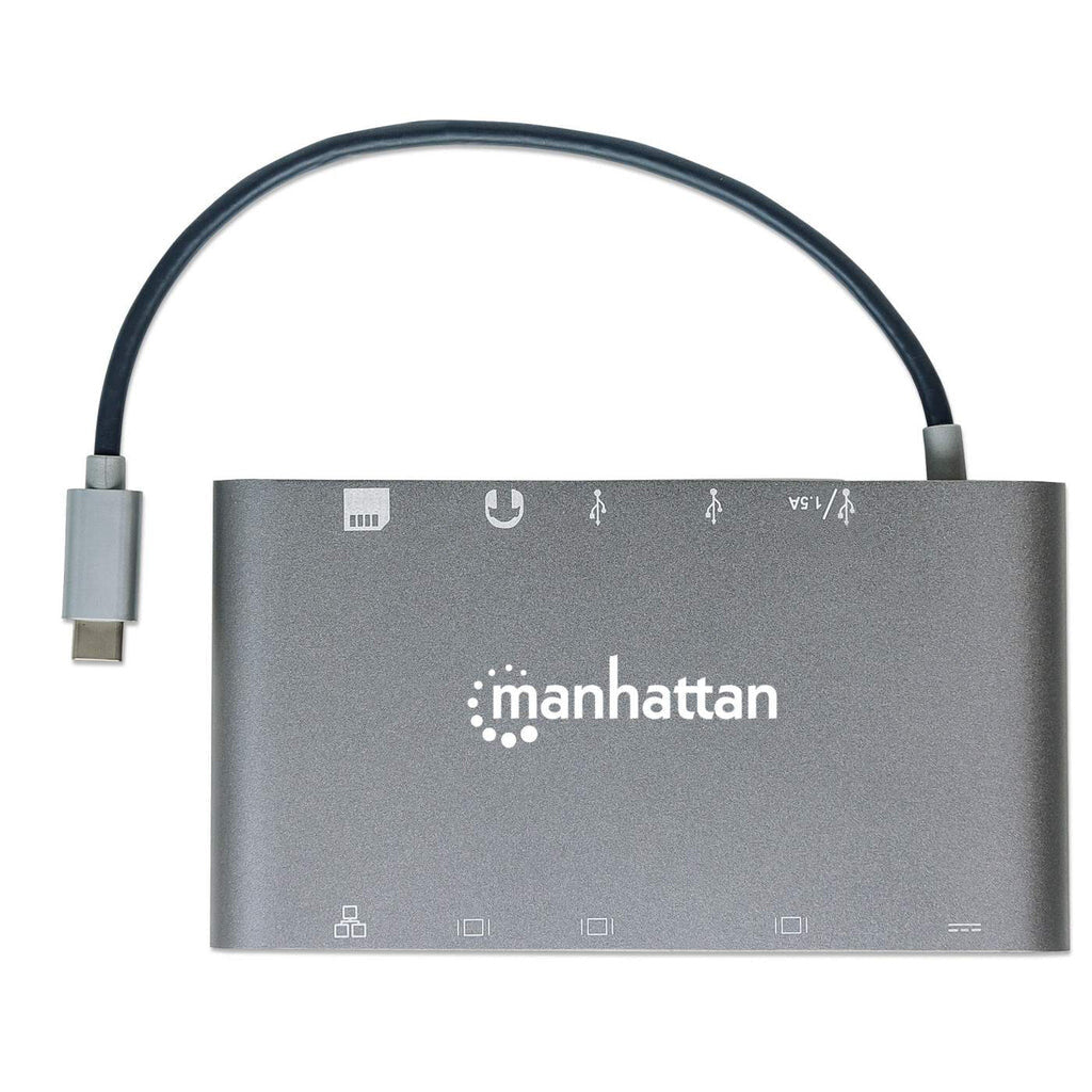 Manhattan USB-C Dock/Hub with Card Reader, Ports (x8): HDMI, Audio 3.5mm, Ethernet, Mini DisplayPort, USB-A (x3) and USB-C, With Power Delivery (60W) to USB-C Port (Note add USB-C wall charger and USB-C cable needed), All Ports can be used at the same tim