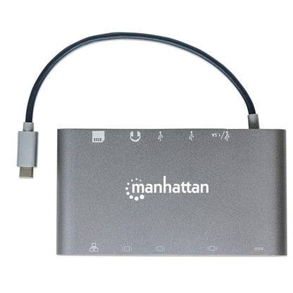Manhattan USB-C Dock/Hub with Card Reader, Ports (x8): HDMI, Audio 3.5mm, Ethernet, Mini DisplayPort, USB-A (x3) and USB-C, With Power Delivery (60W) to USB-C Port (Note add USB-C wall charger and USB-C cable needed), All Ports can be used at the same tim