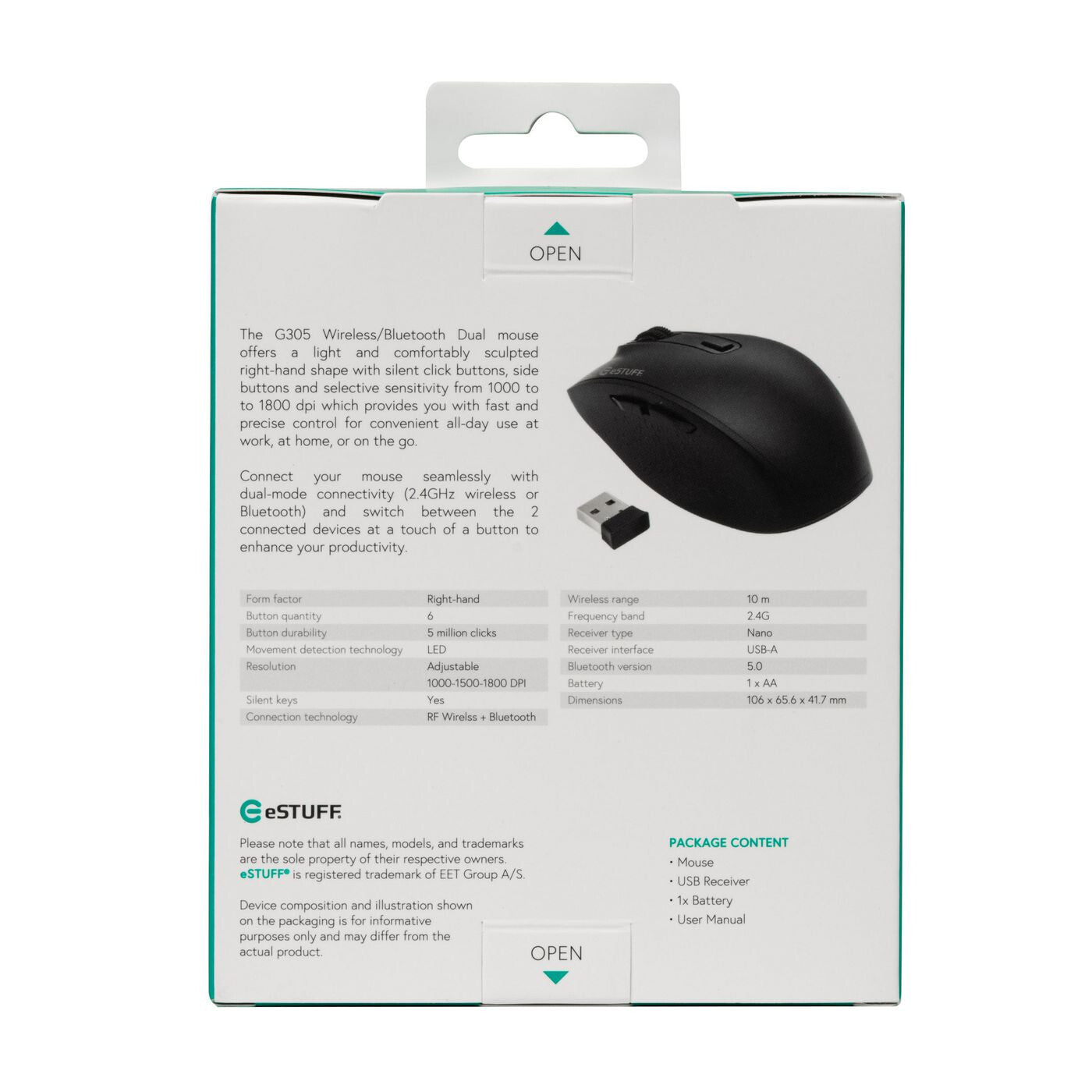 eSTUFF GLB214002 mouse Office Right-hand RF Wireless + Bluetooth IR LED 1800 DPI