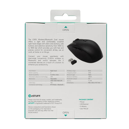 eSTUFF GLB214002 mouse Office Right-hand RF Wireless + Bluetooth IR LED 1800 DPI