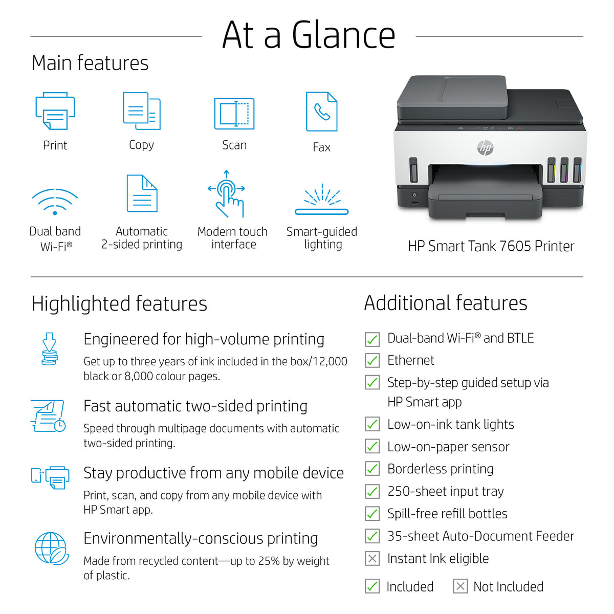 HP Smart Tank 7605 Wireless All-in-One Color Printer, Two-sided printing; Copier, Scanner