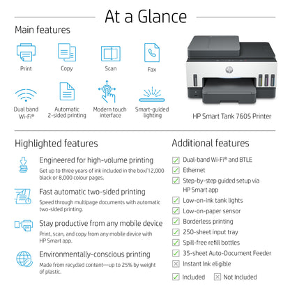 HP Smart Tank 7605 Wireless All-in-One Color Printer, Two-sided printing; Copier, Scanner