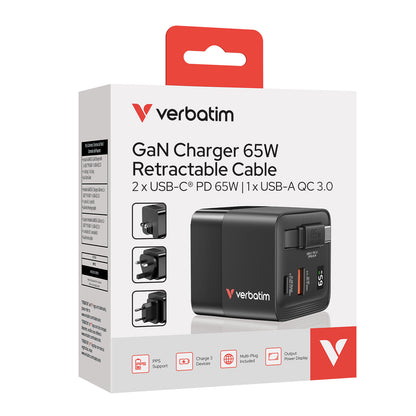 Verbatim GaN Charger 65W 2 Port retractable cable display US plugs with EU and UK adaptors