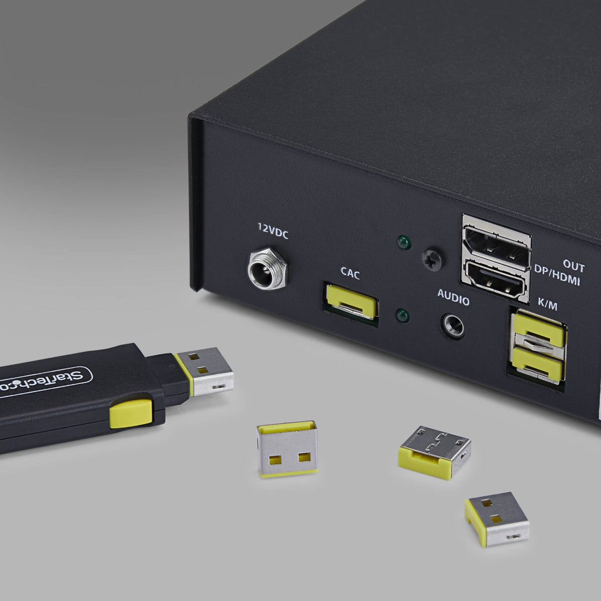 StarTech.com USB-A Port Blocker Key with 4x Latching USB-A Dust Cover Plugs, Snap-In Reusable Port Protectors for Laptops & Computers