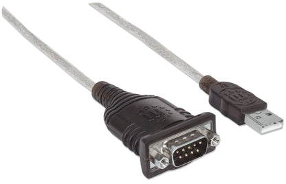 Manhattan USB-A to Serial Converter cable, 45cm, Male to Male, Serial/RS232/COM/DB9, FTDI FT232RL Chip, Windows 11 compatible (plus previous o/s), Black/Silver cable, Three Years Warranty, Equivalent to ICUSB2321F.