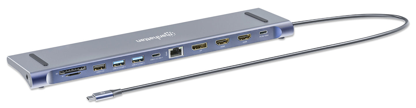 Manhattan USB-C Dock/Hub with Card Reader, Ports (x10): Audio 3.5mm, DisplayPort, Ethernet, HDMI (x2),USB-A (x3) and USB-C (x2),with PD 100W- requires external USB-C charger (not included). USB powered (no external power supply required) when PD is not in