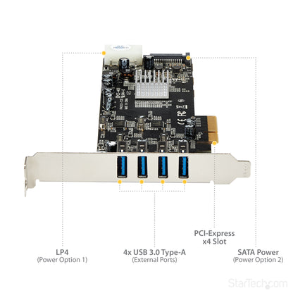 StarTech.com 4 Port USB 3.0 PCIe Card w/ 4 Dedicated 5Gbps Channels (USB 3.2 Gen 1) - UASP - SATA / LP4 Power - PCI Express Adapter Card