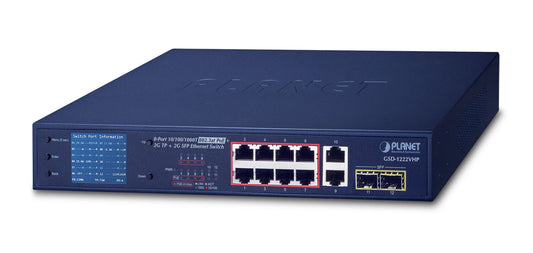 PLANET GSD-1222VHP network switch, Unmanaged, 10-port, Power over Ethernet (PoE), blue