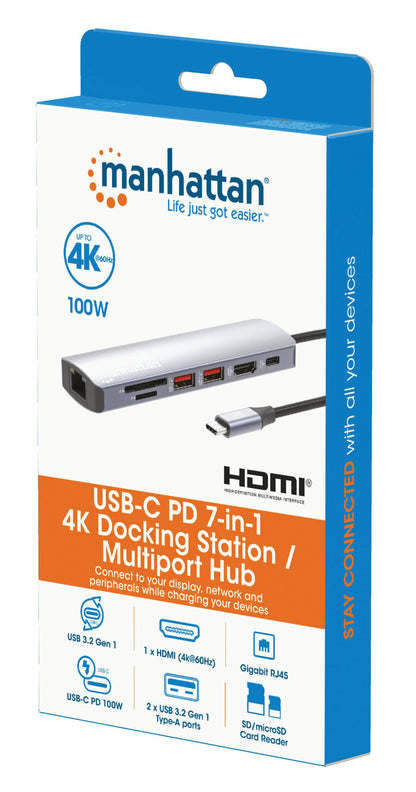 Manhattan USB-C Dock/Hub with Card Reader, Ports (x5): Ethernet, HDMI, USB-A (x2) and USB-C, with Power Delivery (PD) 100W- requires external USB-C charger (not included). USB powered (no external power supply required) when PD is not in use