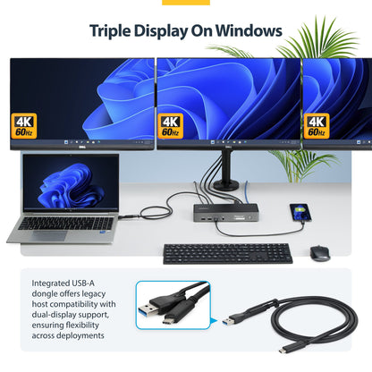 StarTech.com Triple-Monitor USB-C Docking Station, 140W Laptop Charging Dock for MacBook Pro and Windows, 4K 60Hz HDMI or DisplayPort, TAA