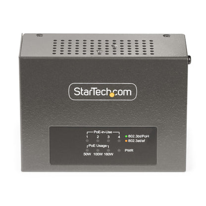 StarTech.com 4-Port Multi-Gigabit PoE++ Injector, 5/2.5/1G Ethernet (NBASE-T), PoE/PoE+/PoE++ (802.3af/802.3at/802.3bt), 160Watts Power Budget, Wall/DIN Rail Mountable, Unmanaged - TAA