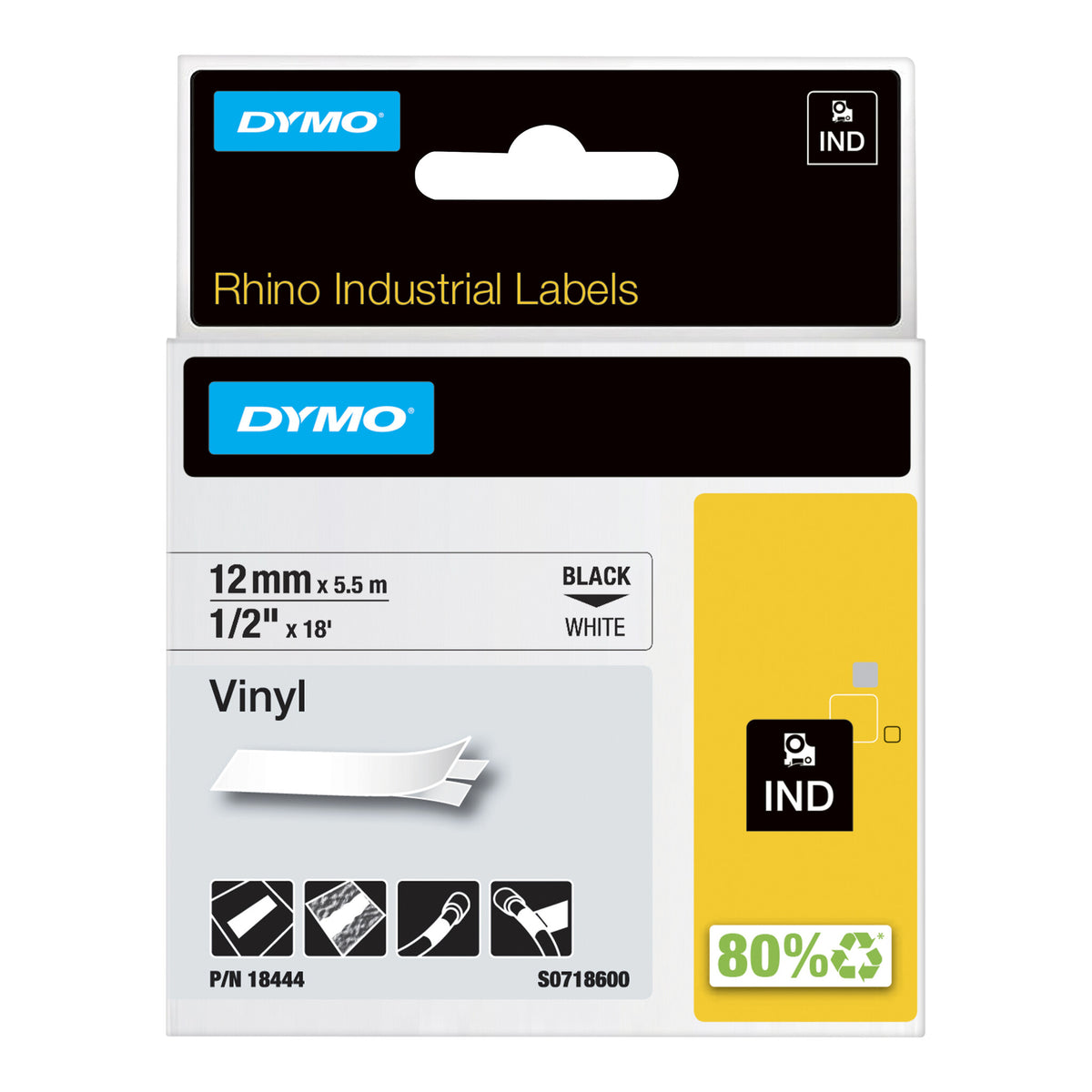 DYMO Rhino Industrial Vinyl Labels | 12 mm x 5.5 m | Black Print on White | Self-Adhesive | for Rhino & LabelManager Label Makers