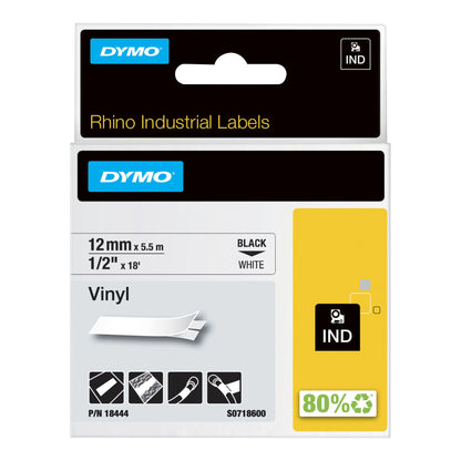 DYMO Rhino Industrial Vinyl Labels | 12 mm x 5.5 m | Black Print on White | Self-Adhesive | for Rhino & LabelManager Label Makers