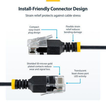 StarTech.com 50cm Black Ultra Slim Cat6A Ethernet Cable, UTP, Pure Bare Copper Wire, 34AWG Slim RJ45 Network Patch Cord, Individually Tested