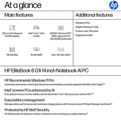 HP EliteBook 6 G1i AI Intel Core Ultra 5 225U Laptop 35.6 cm (14") WUXGA 16 GB DDR5-SDRAM 512 GB SSD Wi-Fi 6E (802.11ax) Windows 11 Pro AI PC Silver