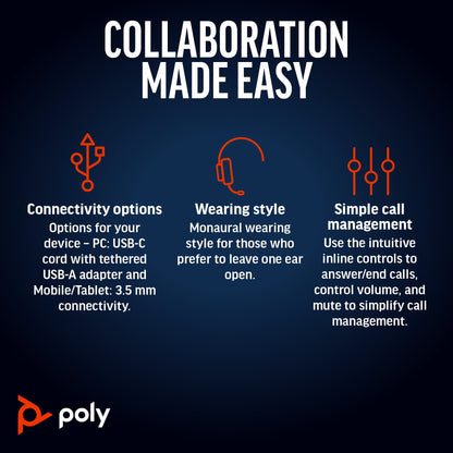Poly Blackwire 5210 Monaural USB-C Headset +3.5mm Plug +USB-C/A Adapter (Bulk)