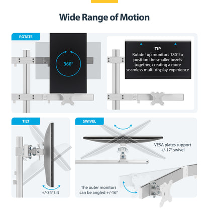 StarTech.com Six-Monitor Desk Mount with Crossbar, Up To 32-inch Computer Screens, Max 17.6lb (8kg) each, Dual Column, C-clamp/Grommet, Height Adjustable