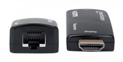 Manhattan 1080p@60Hz Compact HDMI over Ethernet Extender Kit, Extends Distances of Signal up to 60m with a Single Cat6 Ethernet Cable, Transmitter and Receiver included, Power over Cable, Ultra Slim Design, Three Year Warranty, Black
