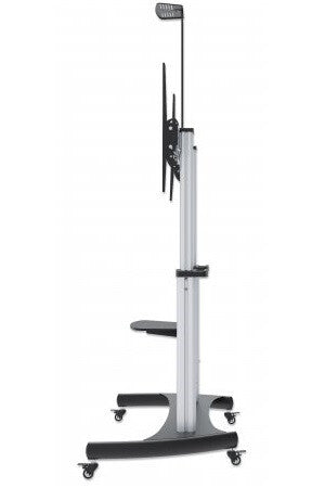 Manhattan TV & Monitor Mount, Trolley Stand, 1 screen, Screen Sizes: 60-100", Silver/Black, VESA 200x200 to 800x600mm, Max 100kg, Height adjustable 1200 to 1685mm, Camera and AV shelves, Aluminium, LFD, Lifetime Warranty