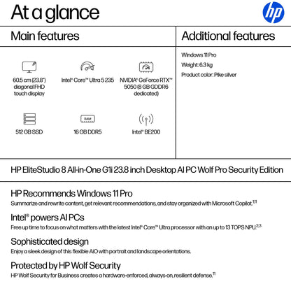 HP EliteStudio 8 G1i AI PC Wolf Pro Security Edition Intel Core Ultra 5 235 60.5 cm (23.8") 1920 x 1080 pixels Touchscreen All-in-One PC 16 GB DDR5-SDRAM 512 GB SSD Windows 11 Pro Wi-Fi 7 (802.11be) Silver