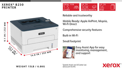Xerox B230 A4 34ppm Wireless Duplex Printer PCL5e/6 2 Trays Total 251 Sheets UK