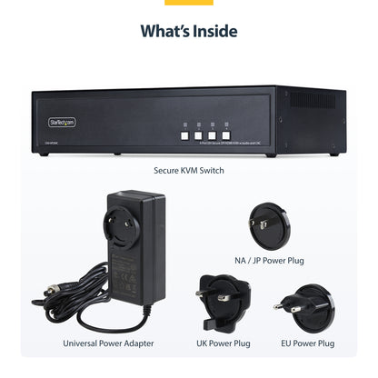 StarTech.com Secure 4-Port Dual-Monitor KVM Switch, HDMI or DisplayPort, 4K 60Hz, NIAP 4.0 Desktop KVM, Metal Housing, CAC Port, Made in the USA