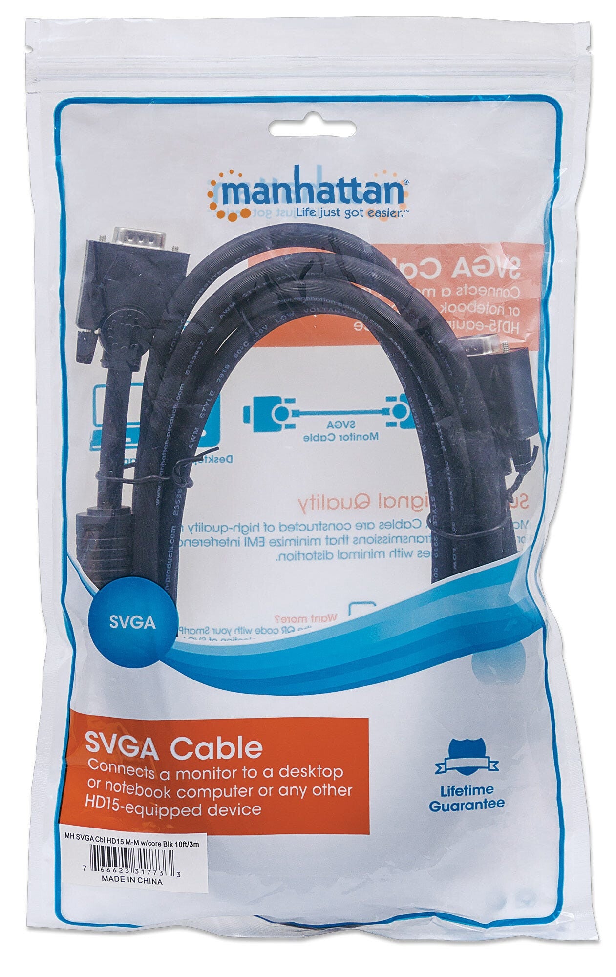 Manhattan VGA Monitor Cable (with Ferrite Cores), 3m, Black, Male to Male, HD15, Cable of higher SVGA Specification (fully compatible), Shielding with Ferrite Cores helps minimise EMI interference for improved video transmission, Lifetime Warranty, Polyba