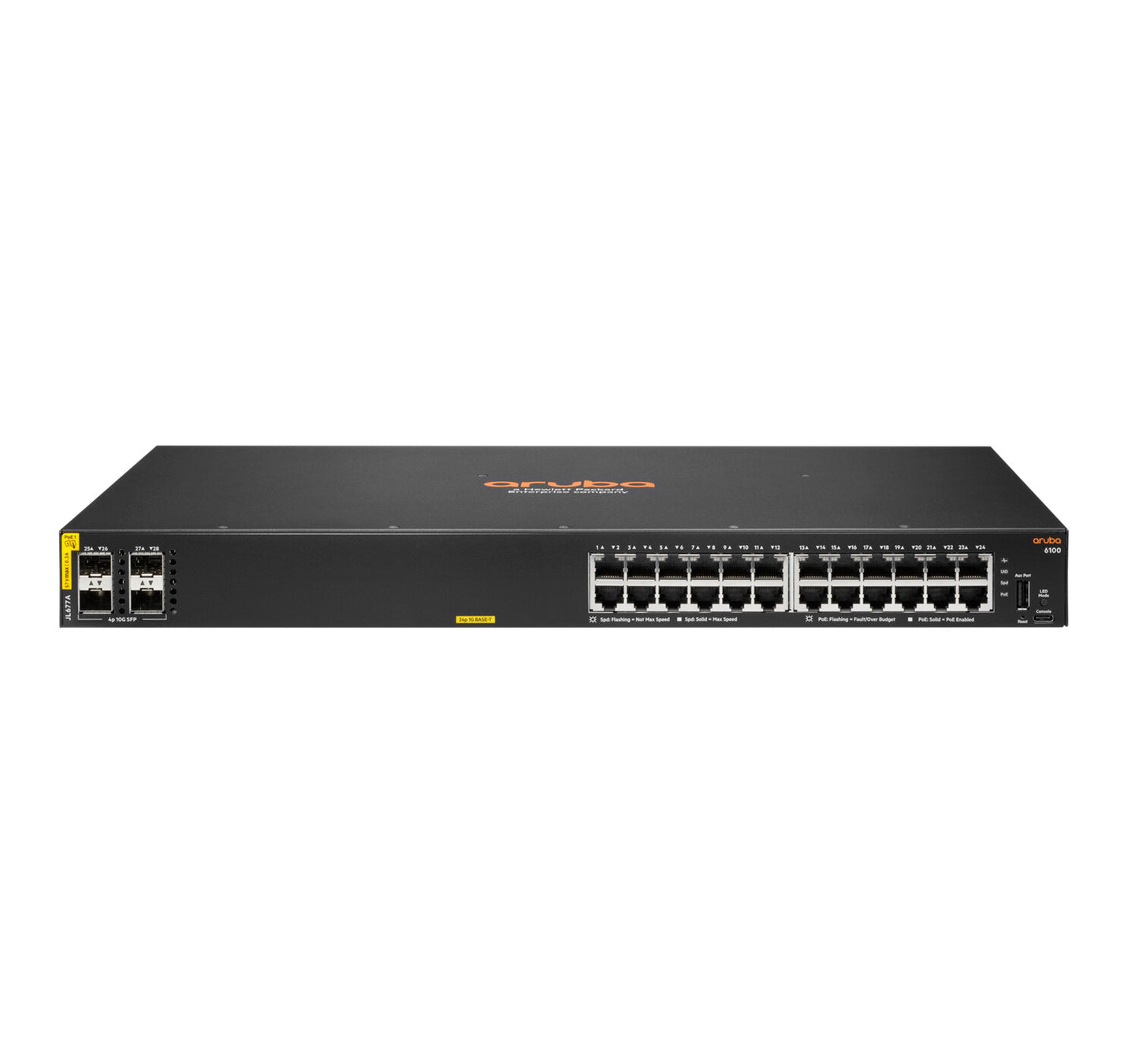 HPE Aruba Networking Aruba 6100 24G Class4 PoE 4SFP+ 370W Managed L3 Gigabit Ethernet (10/100/1000) Power over Ethernet (PoE) 1U Black