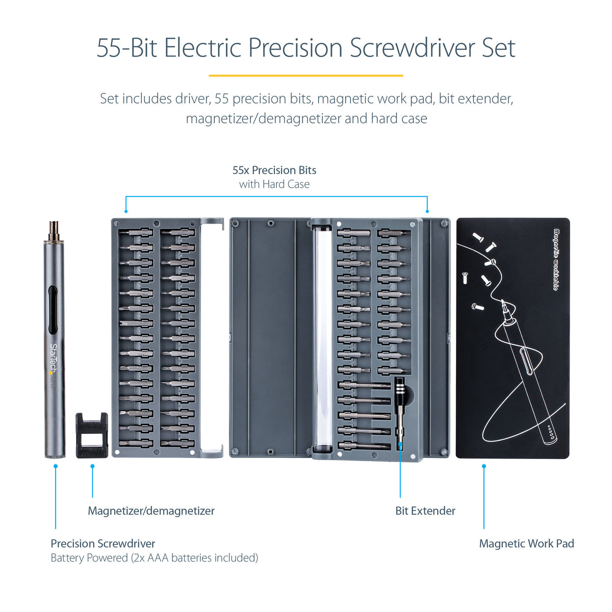 StarTech.com 55-Bit Electric Precision Screwdriver Set - Portable Cordless Battery Powered Bit Driver Kit for Electronics, Laptop, Computers, Tablet & Phone Repairs - Magnetic Work Pad - TAA