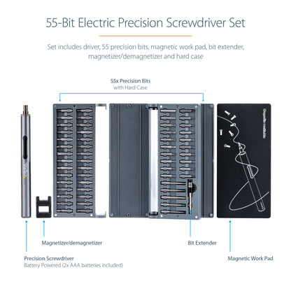 StarTech.com 55-Bit Electric Precision Screwdriver Set - Portable Cordless Battery Powered Bit Driver Kit for Electronics, Laptop, Computers, Tablet & Phone Repairs - Magnetic Work Pad - TAA