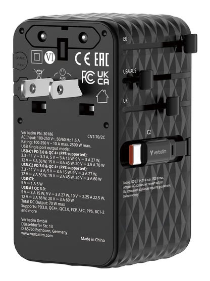 Verbatim Charge 'n' Travel 70W 2C retractable Universal Travel Adapter Black