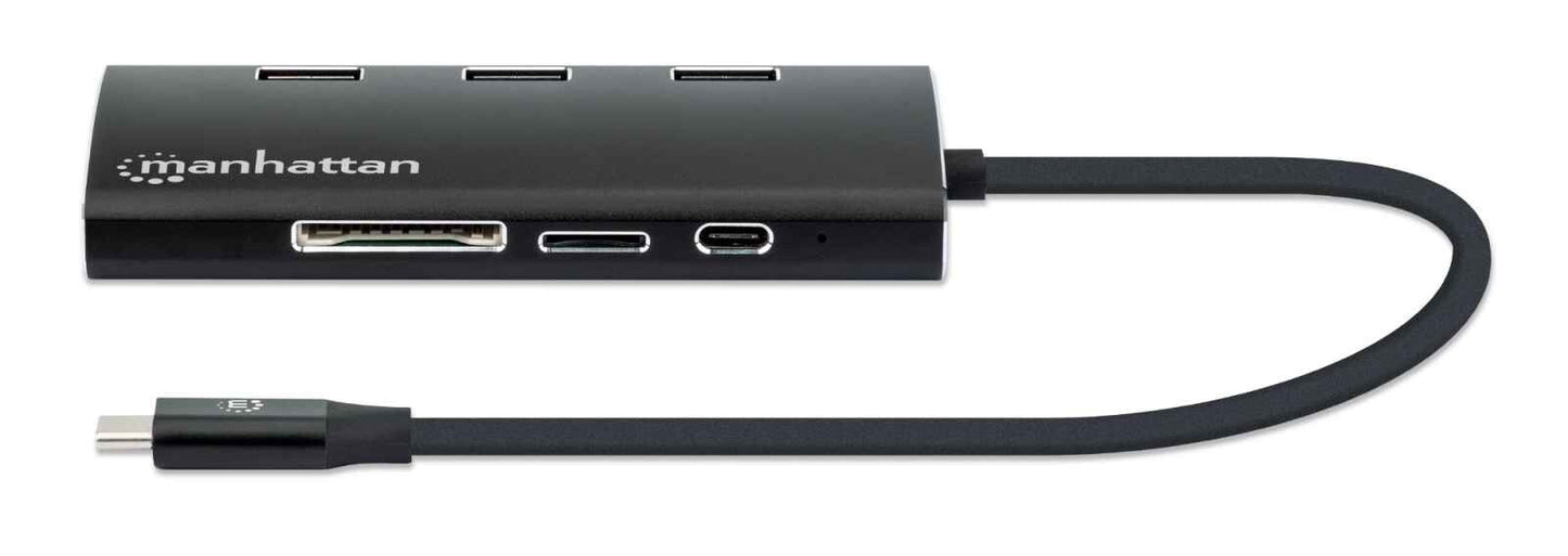 Manhattan USB-C Dock/Hub with Card Reader, Ports (x6): Ethernet, HDMI, USB-A (x3) and USB-C, With Power Delivery (100W) to USB-C Port (Note additional USB-C wall charger and USB-C cable needed), Equivalent to DKT30CSDHPD3, Aluminium, Black, 3 Year Warrant