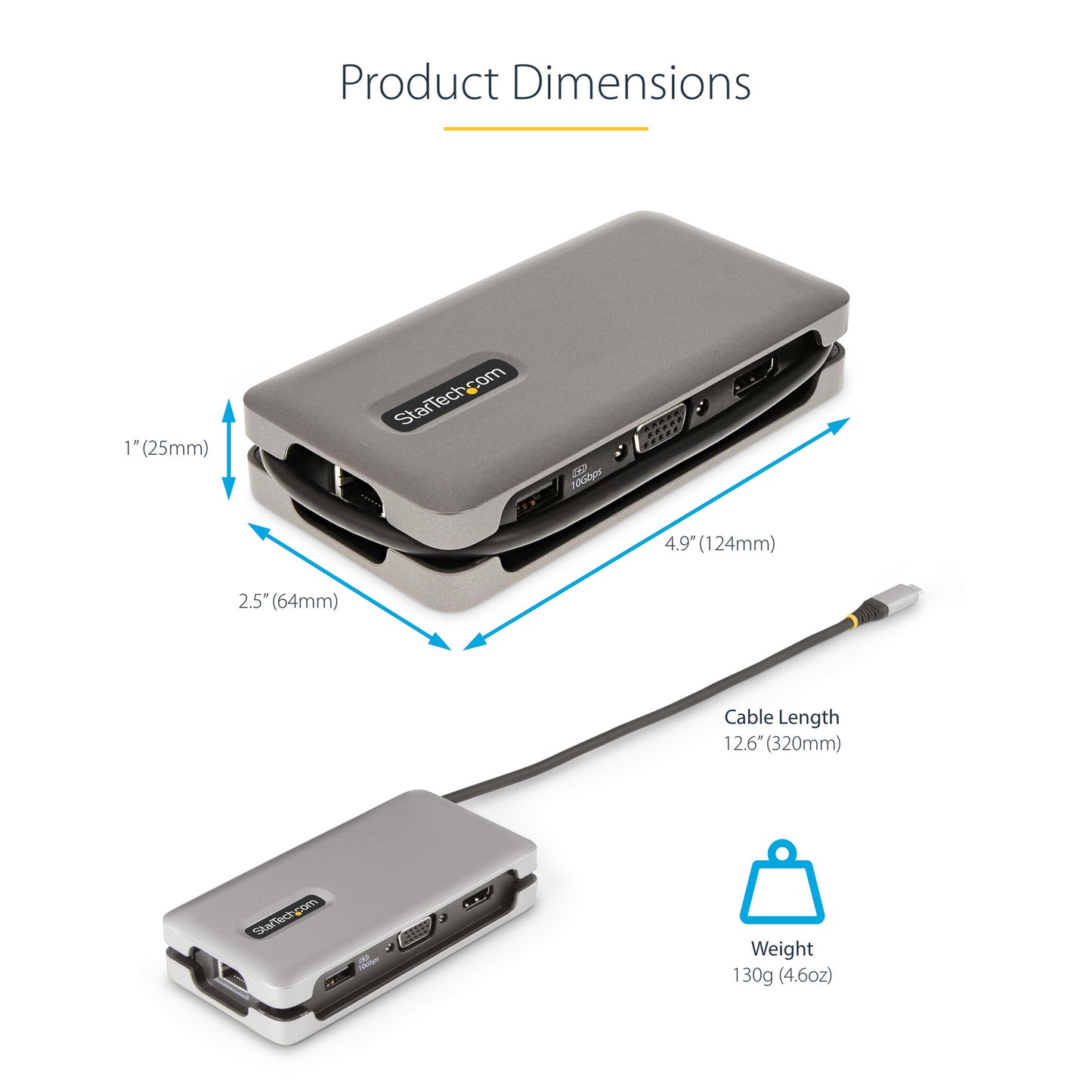 StarTech.com USB-C Multiport Adapter - HDMI/VGA - 4K 60Hz - 3-Port USB Hub - 100W Power Delivery Pass-Through - GbE - Travel Mini Docking Station w/ Charging - 1ft/30cm Wrap-Around Cable