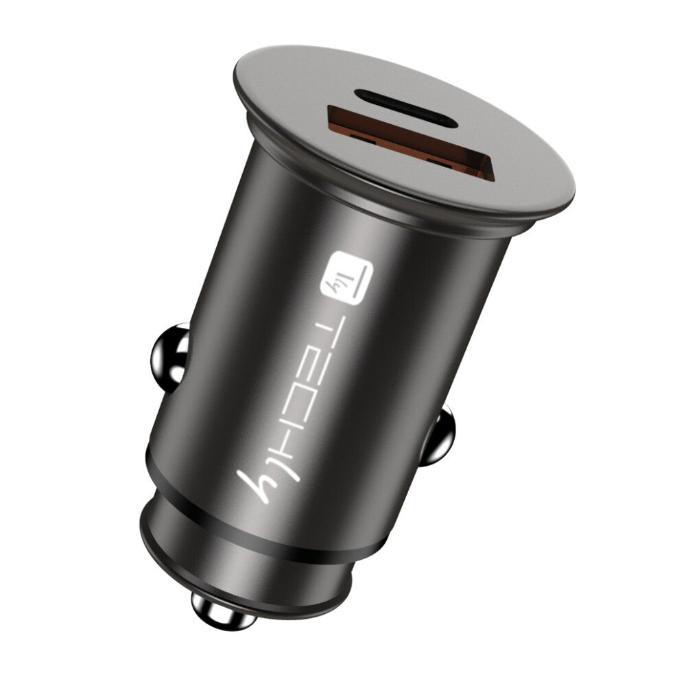 Techly Mini Car Charger USB-A and USB-C Quick Charge 3.0 38W in Black Metal