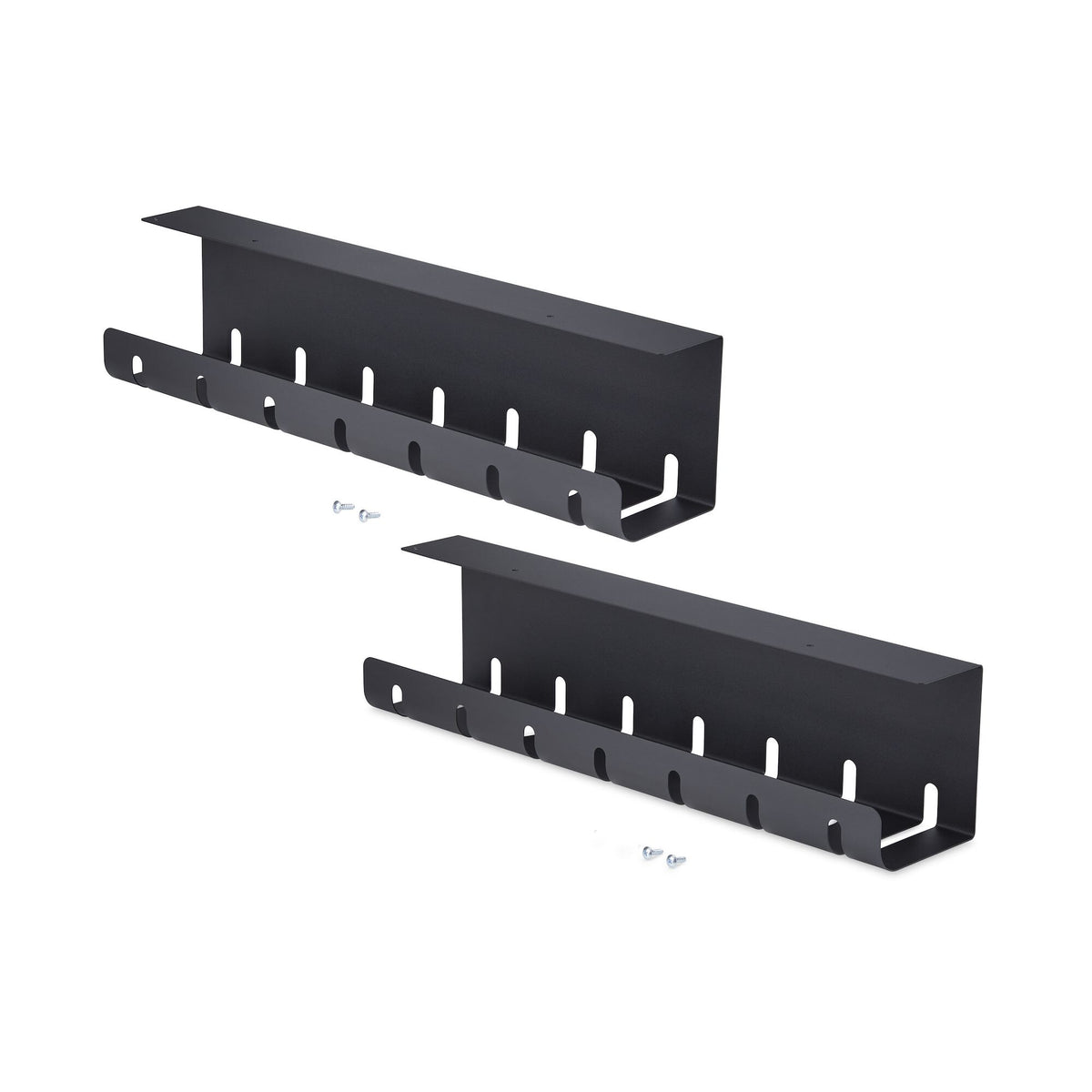 StarTech.com 2-Pack Under Desk Cable Management Tray, 42" Long (21" Per Tray), Metal Slotted Style Cable Organizer, Screw-On Install, Power Bar Holder, Black, TAA